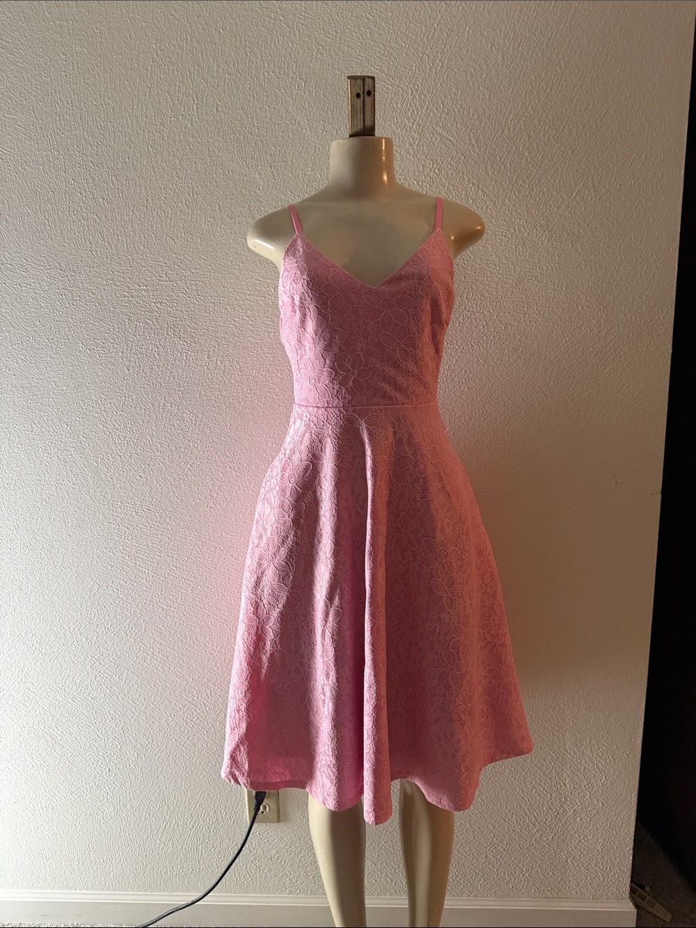 Lulu's Pink Lace Midi Dress with Spaghetti Straps